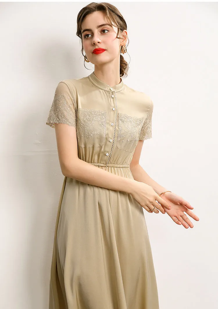 Silk Waist Lace Dress Stand Collar Short Sleeve Mid Length Dress