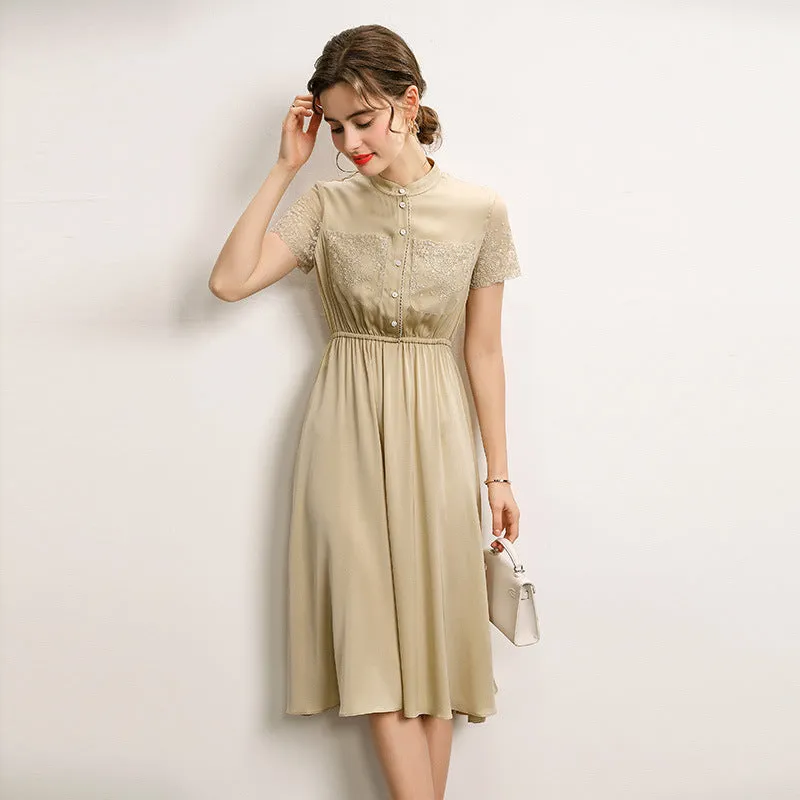 Silk Waist Lace Dress Stand Collar Short Sleeve Mid Length Dress