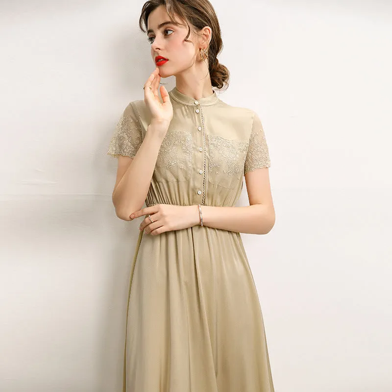 Silk Waist Lace Dress Stand Collar Short Sleeve Mid Length Dress