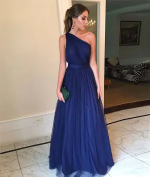 Simple blue one shoulder tulle long prom dress, blue tulle bridesmaid dress
