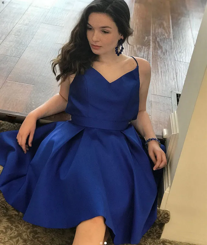 Simple blue v neck short prom dress, blue homecoming dress