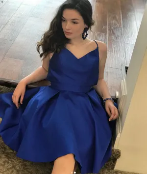 Simple blue v neck short prom dress, blue homecoming dress