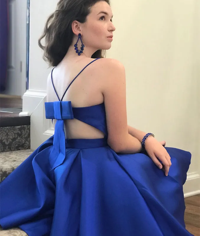 Simple blue v neck short prom dress, blue homecoming dress
