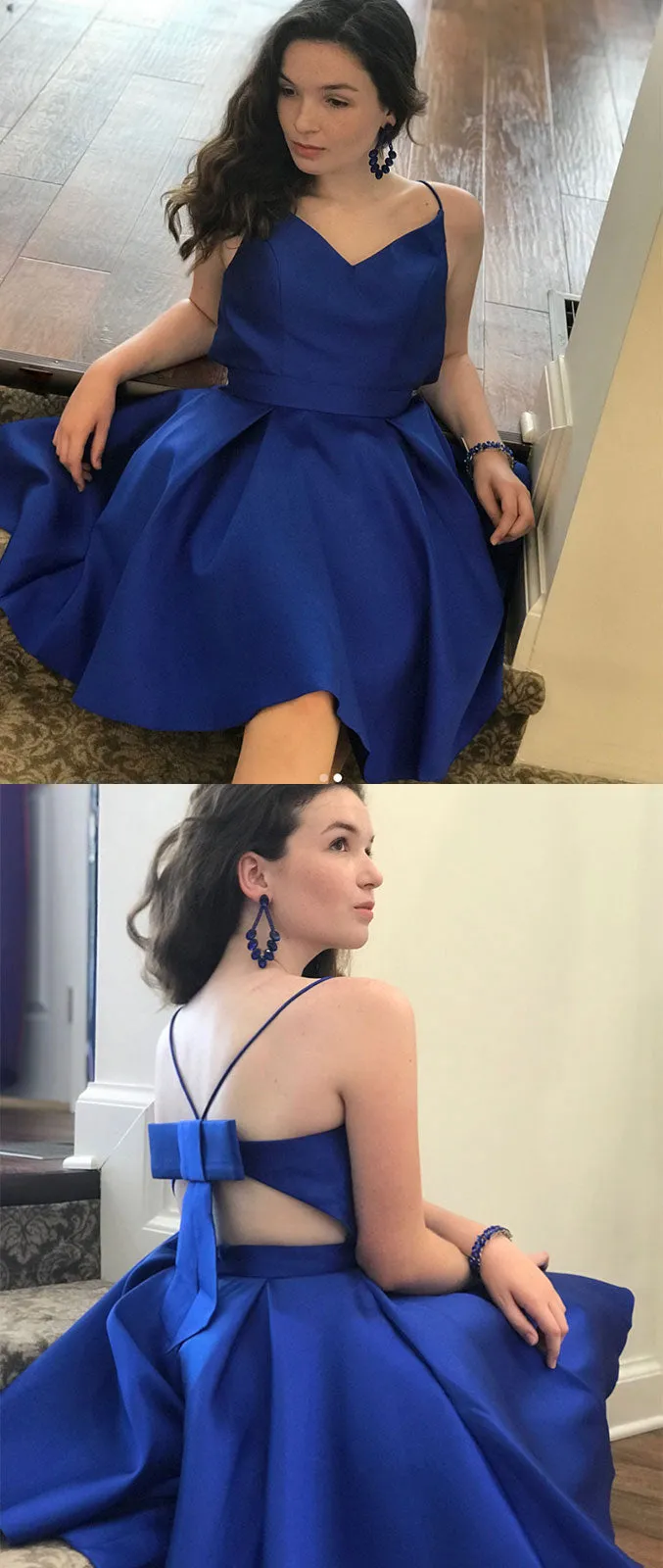 Simple blue v neck short prom dress, blue homecoming dress
