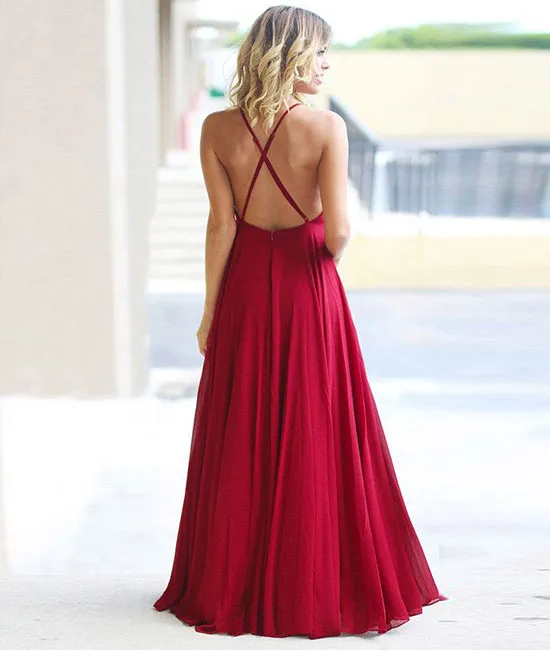 Simple burgundy chiffon long prom dress, burgundy evening dress