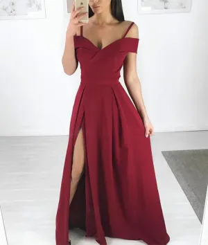 Simple burgundy long prom dress, burgundy evening dress