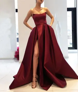 Simple burgundy satin long prom dress, burgundy evening dress