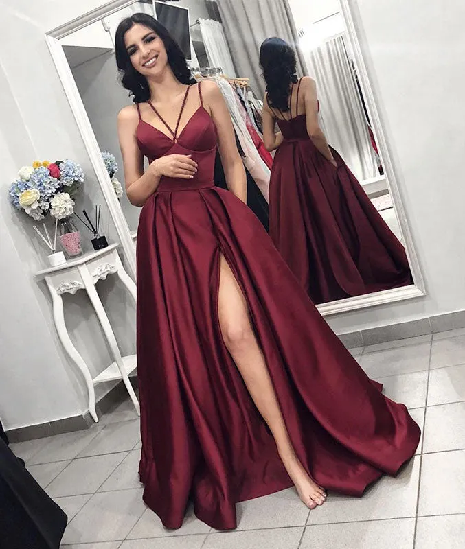 Simple burgundy satin long prom dress, burgundy satin evening dress