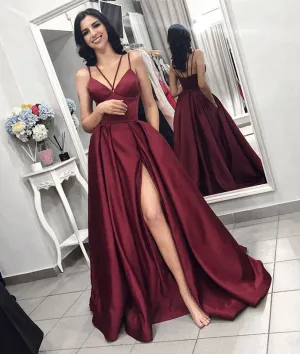 Simple burgundy satin long prom dress, burgundy satin evening dress