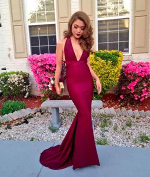 Simple Burgundy v neck mermaid long prom dress, evening dress