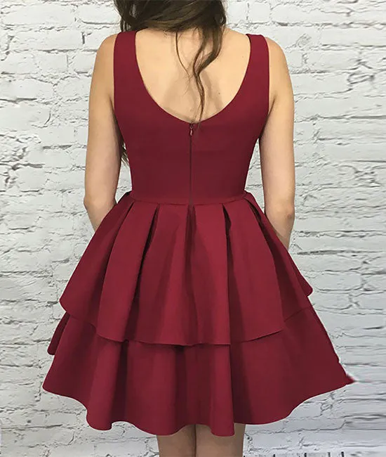 Simple burgundy v neck short prom dress, burgundy homecoming dress