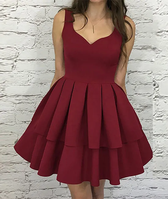 Simple burgundy v neck short prom dress, burgundy homecoming dress