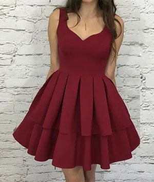 Simple burgundy v neck short prom dress, burgundy homecoming dress