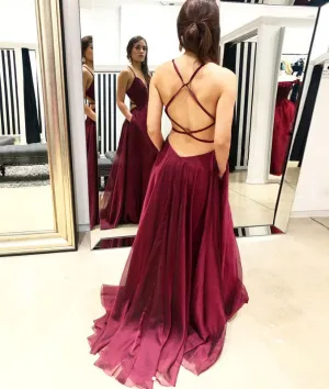 Simple chiffon burgundy long prom dress, burgundy evening dress