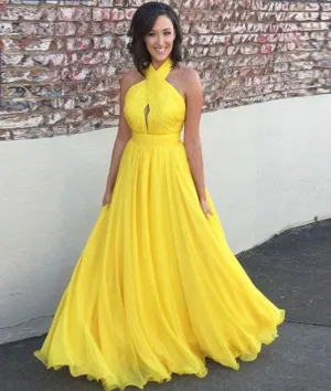 Simple chiffon yellow long prom dress, chiffon evening dress