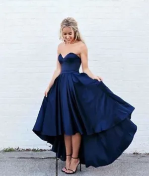 Simple dark blue high-low prom dress, evening dress