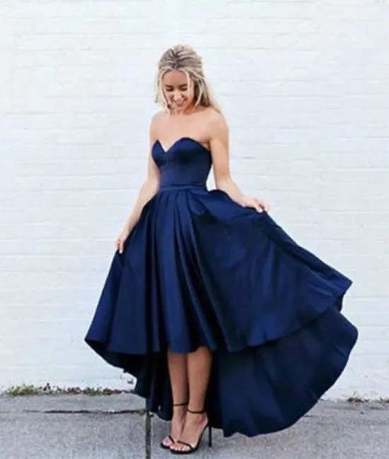 Simple dark blue high-low prom dress, evening dress