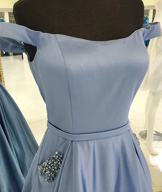Simple off shoulder blue long prom dress, blue evening dress