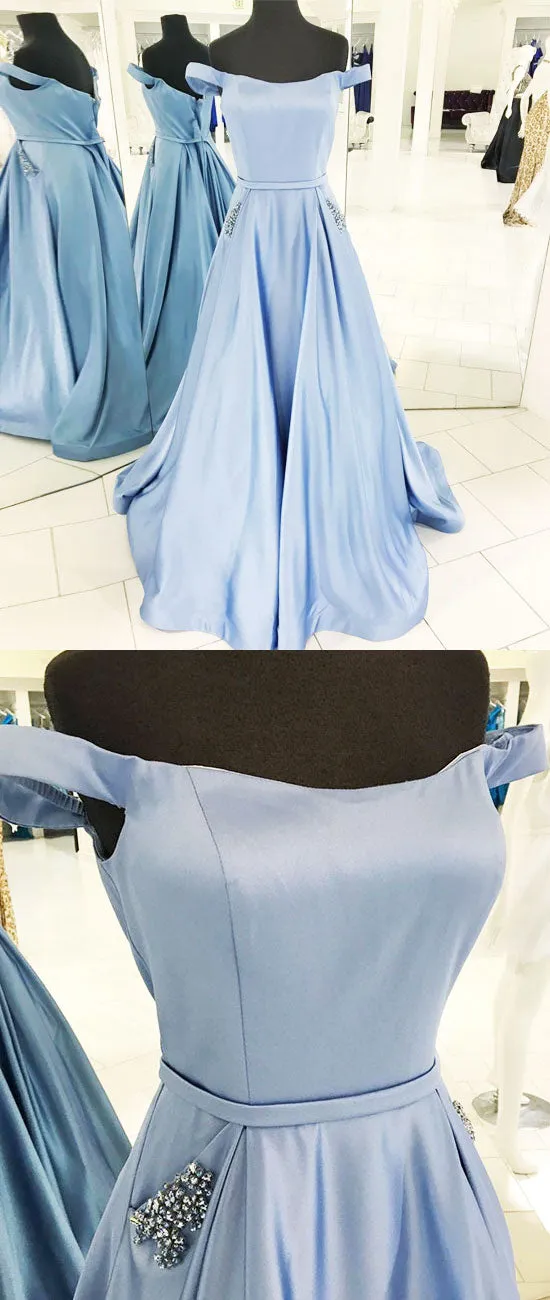Simple off shoulder blue long prom dress, blue evening dress