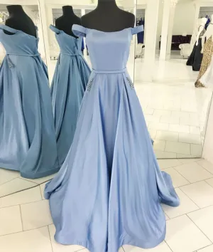 Simple off shoulder blue long prom dress, blue evening dress
