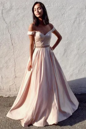 Simple off shoulder satin long prom dress, evening dress