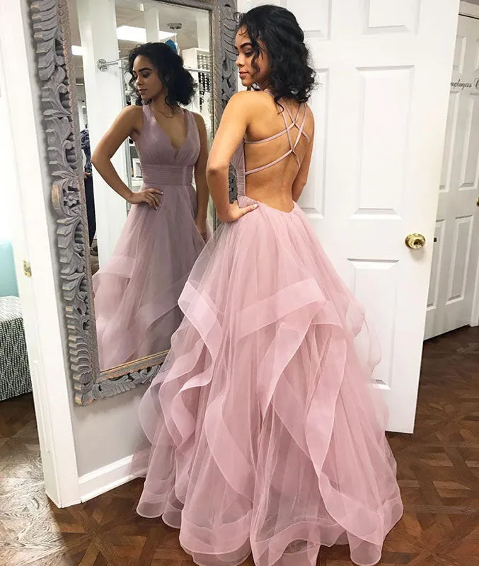 Simple pink tulle long prom dress, pink tulle evening dress