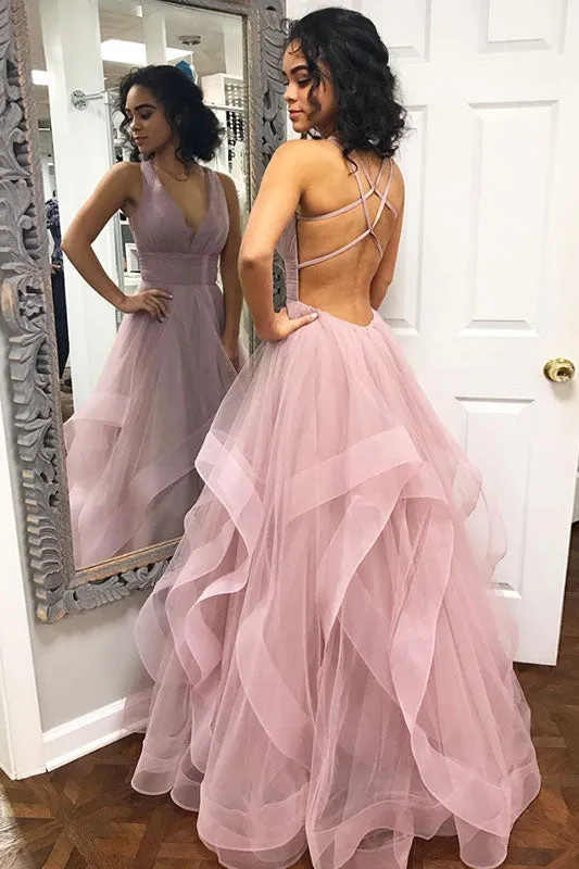 Simple pink tulle long prom dress, pink tulle evening dress