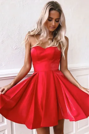 Simple sweetheart red satin short prom dress red homecoming dress