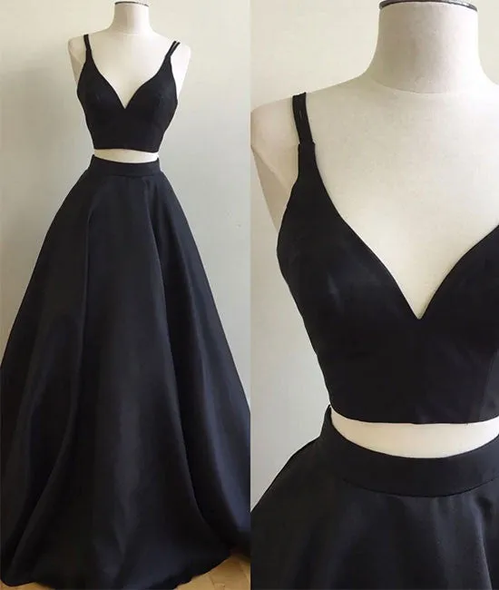 Simple two pieces black long prom dress, black evening dress