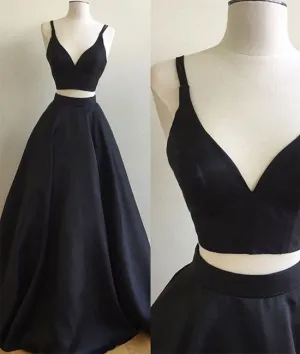 Simple two pieces black long prom dress, black evening dress