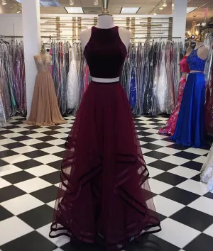Simple two pieces burgundy long prom dress, burgundy evening dress