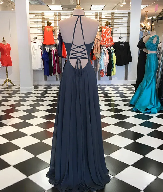 Simple v neck chiffon long prom dress, evening dress