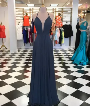 Simple v neck chiffon long prom dress, evening dress