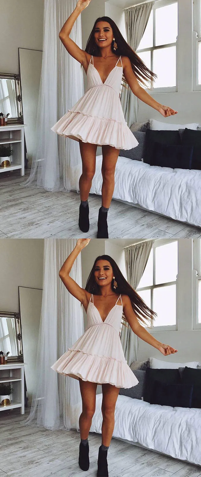 Simple v neck chiffon short prom dress, chiffon homecoming dress