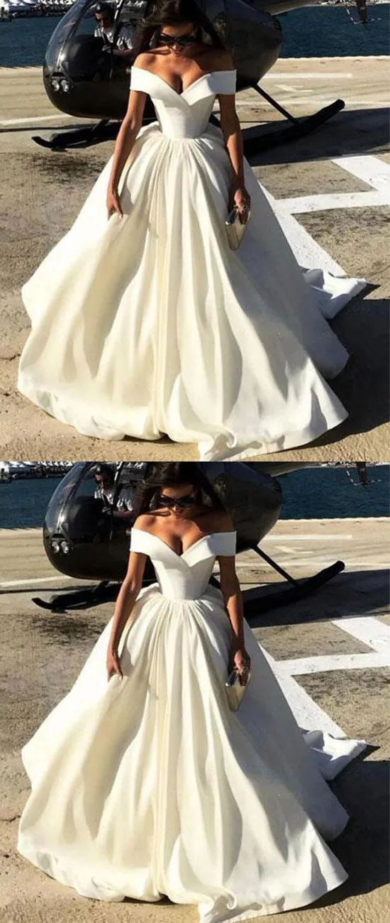 Simple v neck white satin long prom dress, white evening dress