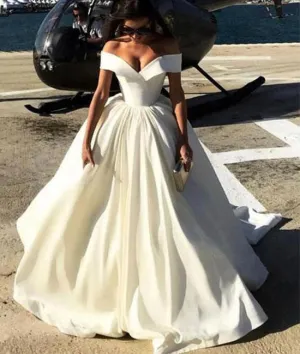 Simple v neck white satin long prom dress, white evening dress