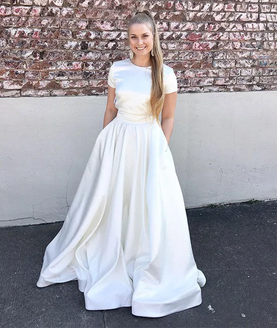 Simple white long prom dress, white satin long evening dress
