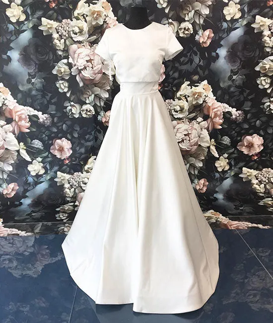 Simple white long prom dress, white satin long evening dress