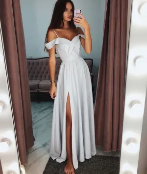 Simple white satin long prom dress, white evening dress