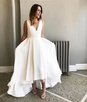 Simple white satin prom dress, white evening dress