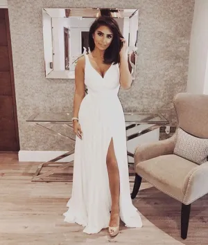 Simple white v neck chiffon long prom dress, white evening dress