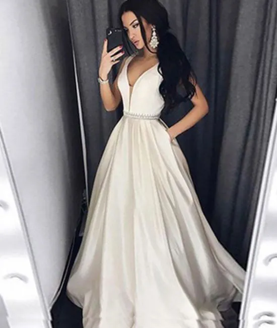 Simple white v neck satin long prom dress, white evening dress