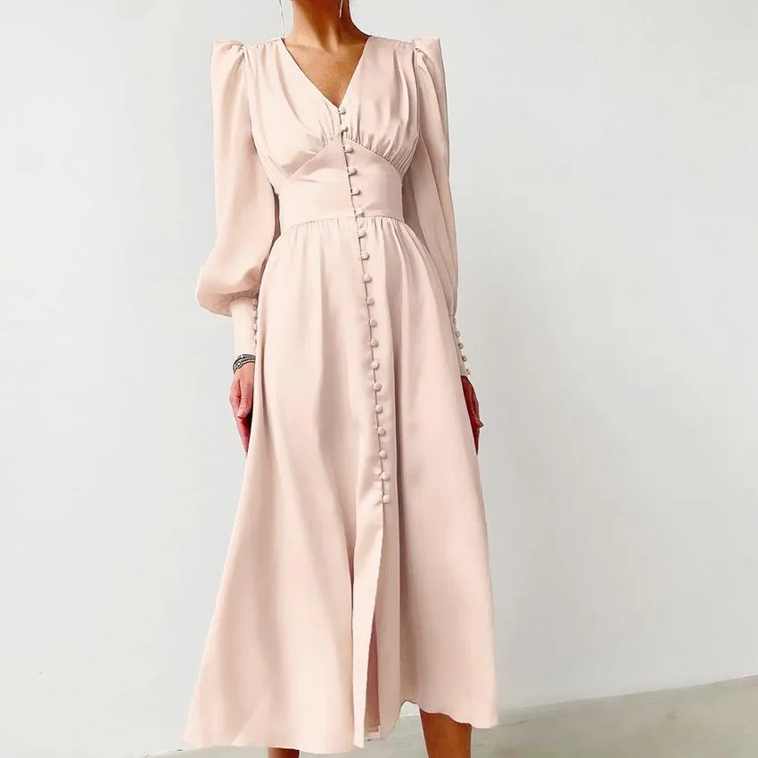 Single Breasted Sexy Dress Party Clud High Waist Satin Long Dress Elegant V Neck Women Midi Dresses Lantern Sleeve