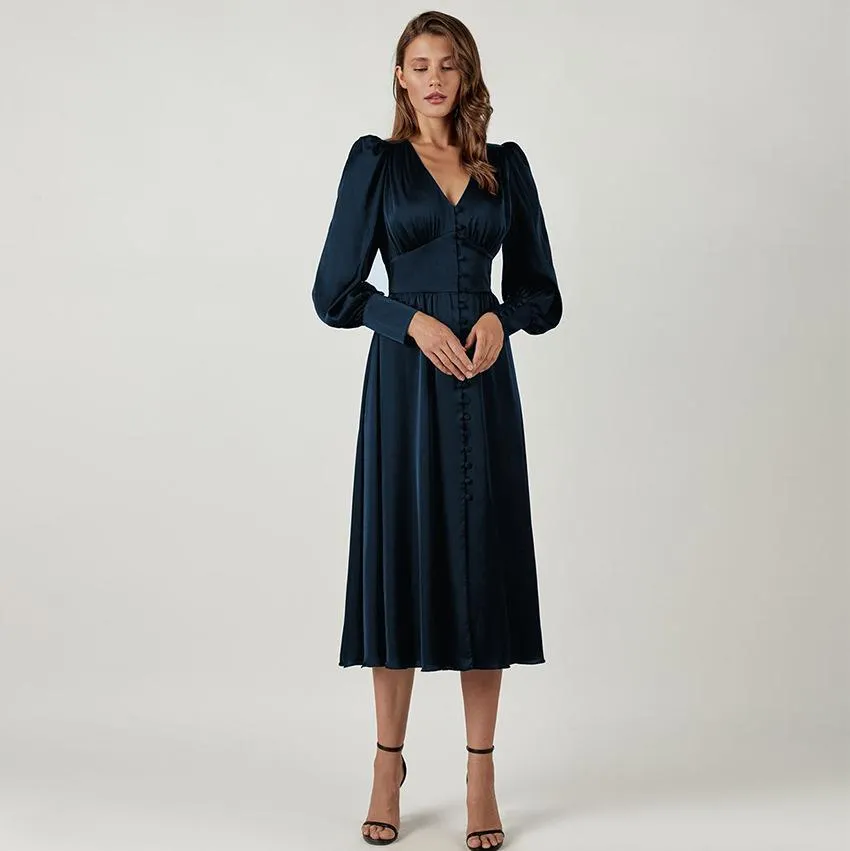 Single Breasted Sexy Dress Party Clud High Waist Satin Long Dress Elegant V Neck Women Midi Dresses Lantern Sleeve