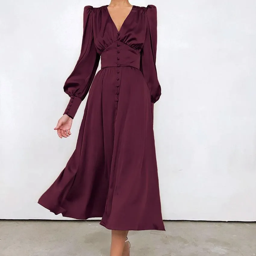 Single Breasted Sexy Dress Party Clud High Waist Satin Long Dress Elegant V Neck Women Midi Dresses Lantern Sleeve