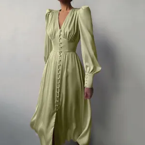 Single Breasted Sexy Dress Party Clud High Waist Satin Long Dress Elegant V Neck Women Midi Dresses Lantern Sleeve