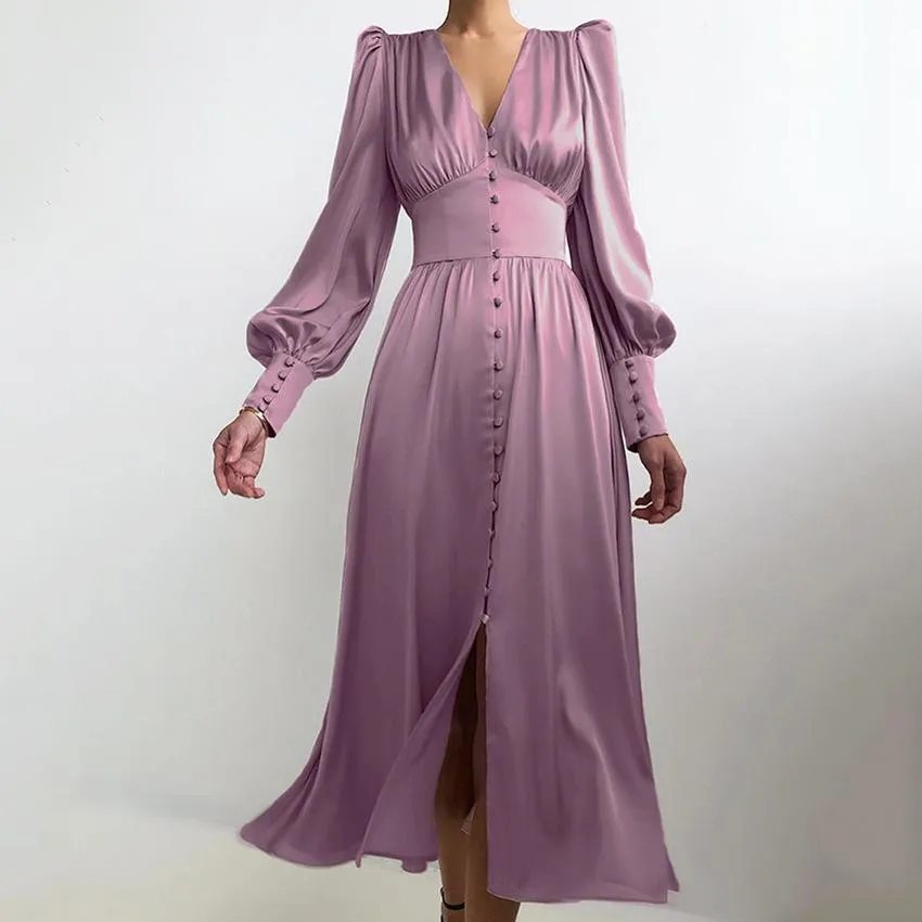 Single Breasted Sexy Dress Party Clud High Waist Satin Long Dress Elegant V Neck Women Midi Dresses Lantern Sleeve