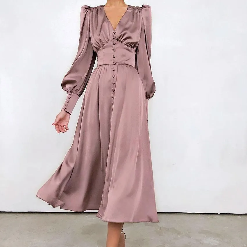 Single Breasted Sexy Dress Party Clud High Waist Satin Long Dress Elegant V Neck Women Midi Dresses Lantern Sleeve