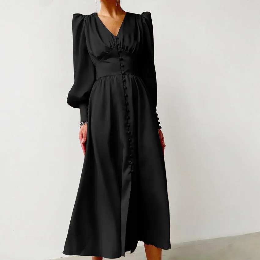 Single Breasted Sexy Dress Party Clud High Waist Satin Long Dress Elegant V Neck Women Midi Dresses Lantern Sleeve