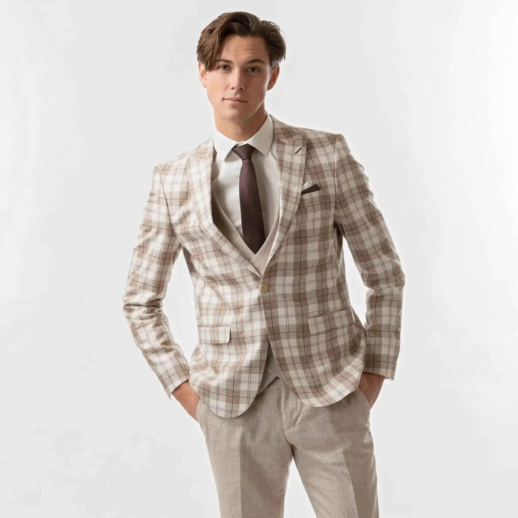Slim Fit Blazer Cream White And Brown Plaid